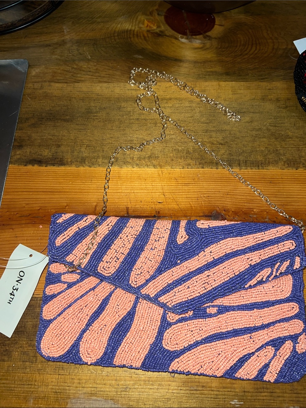 On 34th Macy’s Beaded Pink & Blue Envelope Clutch with Gold Chain